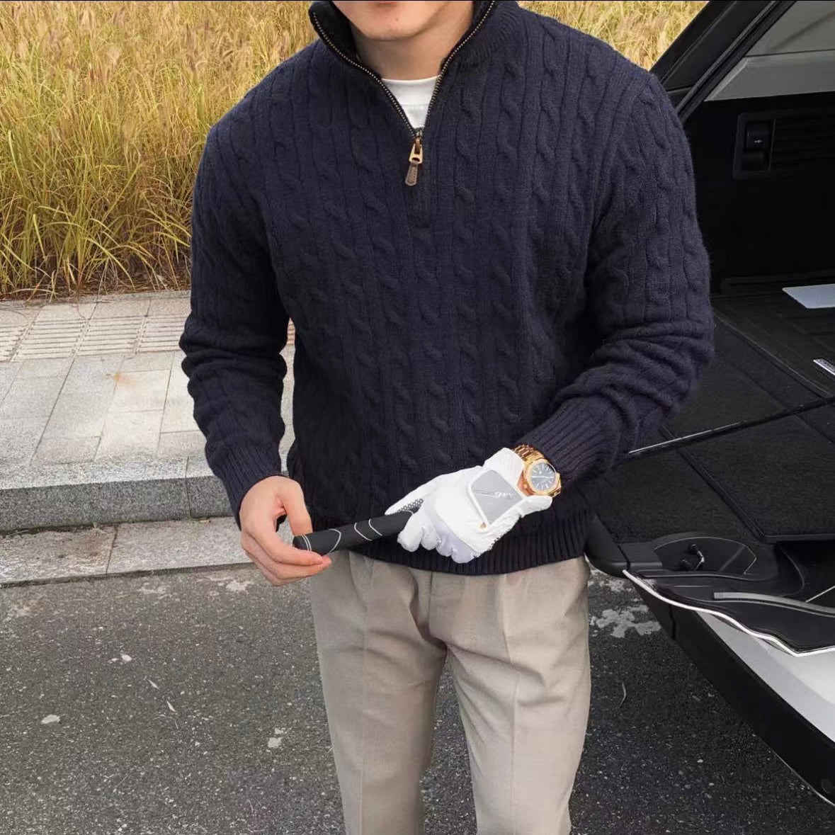 GENEVA Mock Neck Half-Zip Sweater