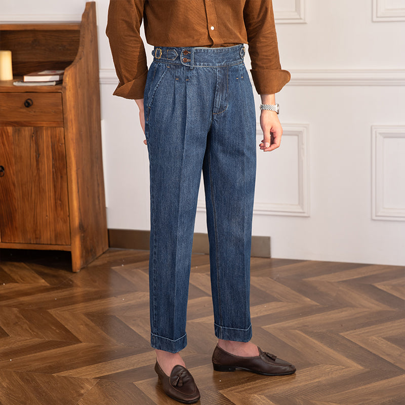 ASHFORD Denim Pleated Straight Fit Trousers