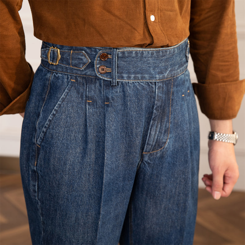 ASHFORD Denim Pleated Straight Fit Trousers