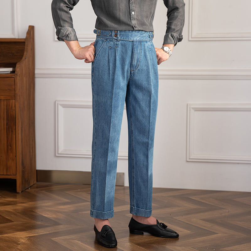 ASHFORD Denim Pleated Straight Fit Trousers