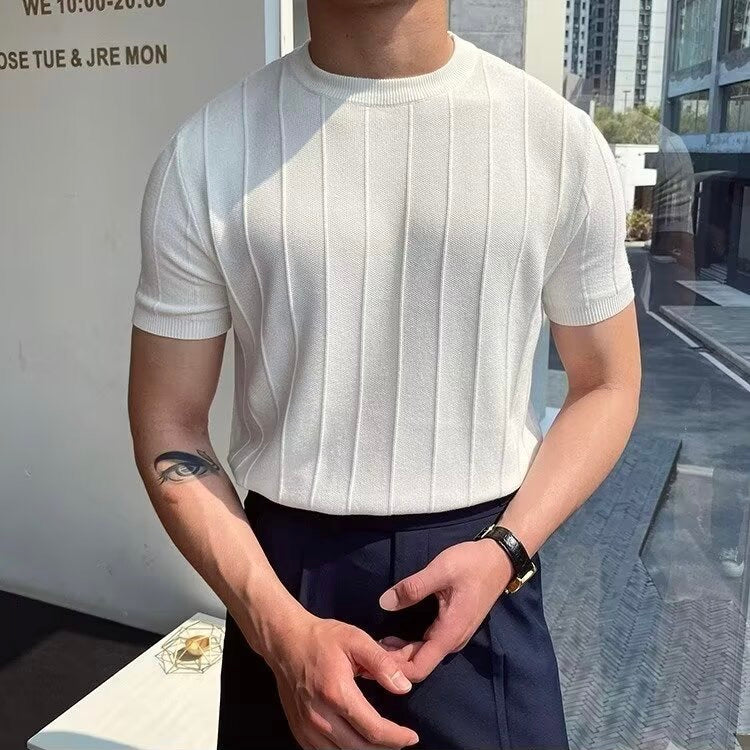 DONGJAK Solid Striped Knitted T-Shirt