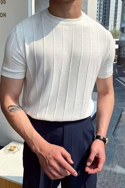 DONGJAK Solid Striped Knitted T-Shirt