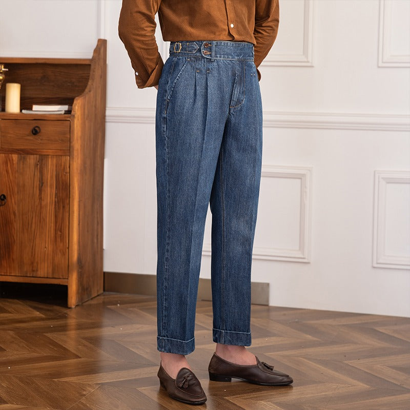 ASHFORD Denim Pleated Straight Fit Trousers
