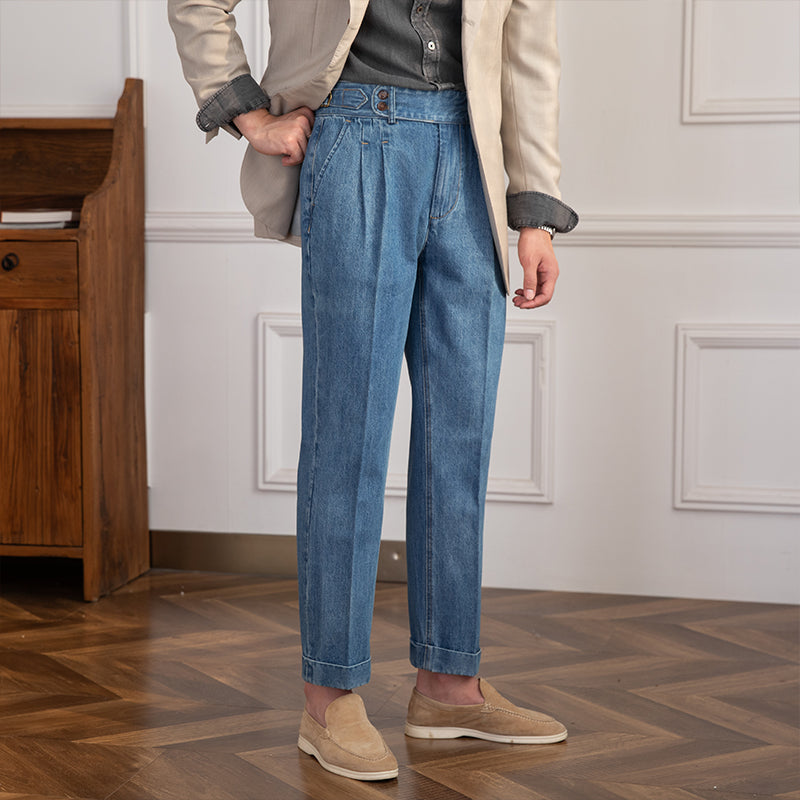 ASHFORD Denim Pleated Straight Fit Trousers