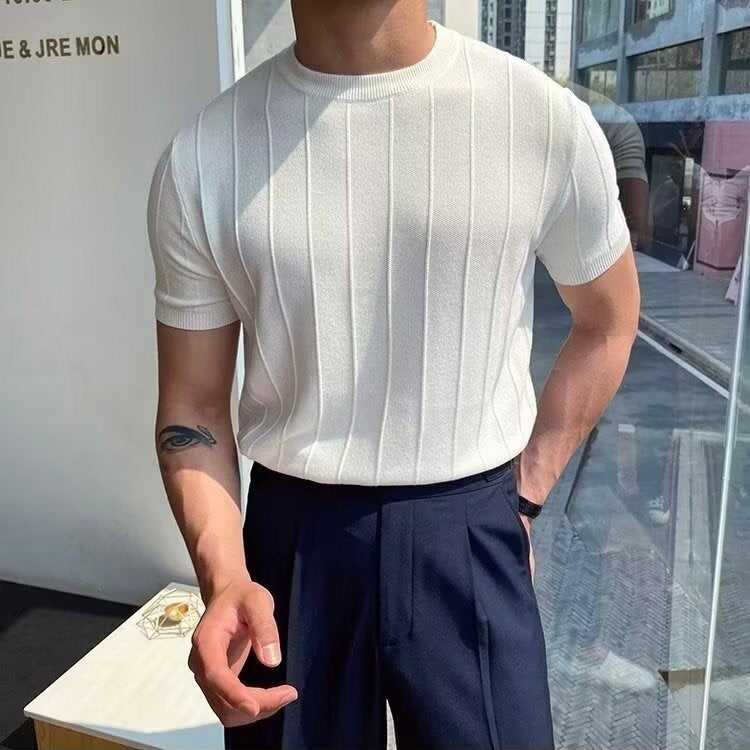 DONGJAK Solid Striped Knitted T-Shirt