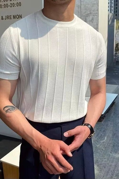 DONGJAK Solid Striped Knitted T-Shirt