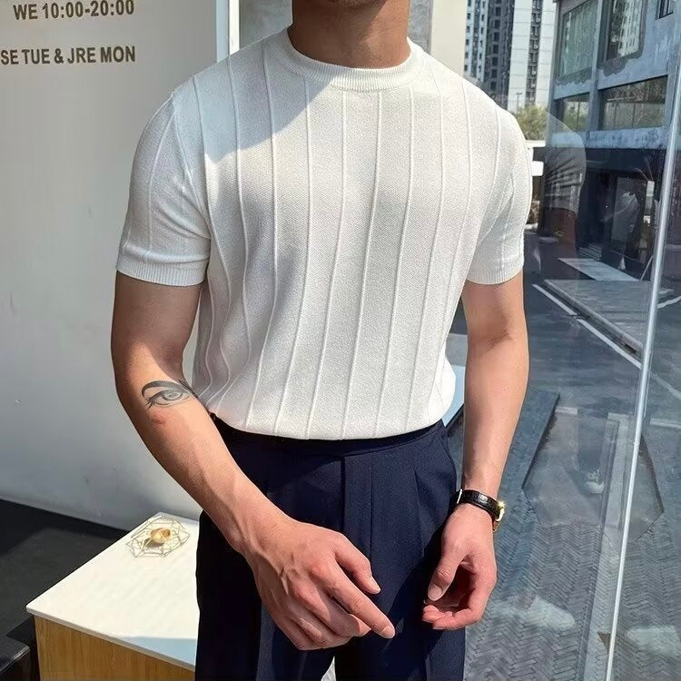 DONGJAK Solid Striped Knitted T-Shirt