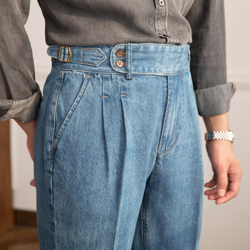 ASHFORD Denim Pleated Straight Fit Trousers